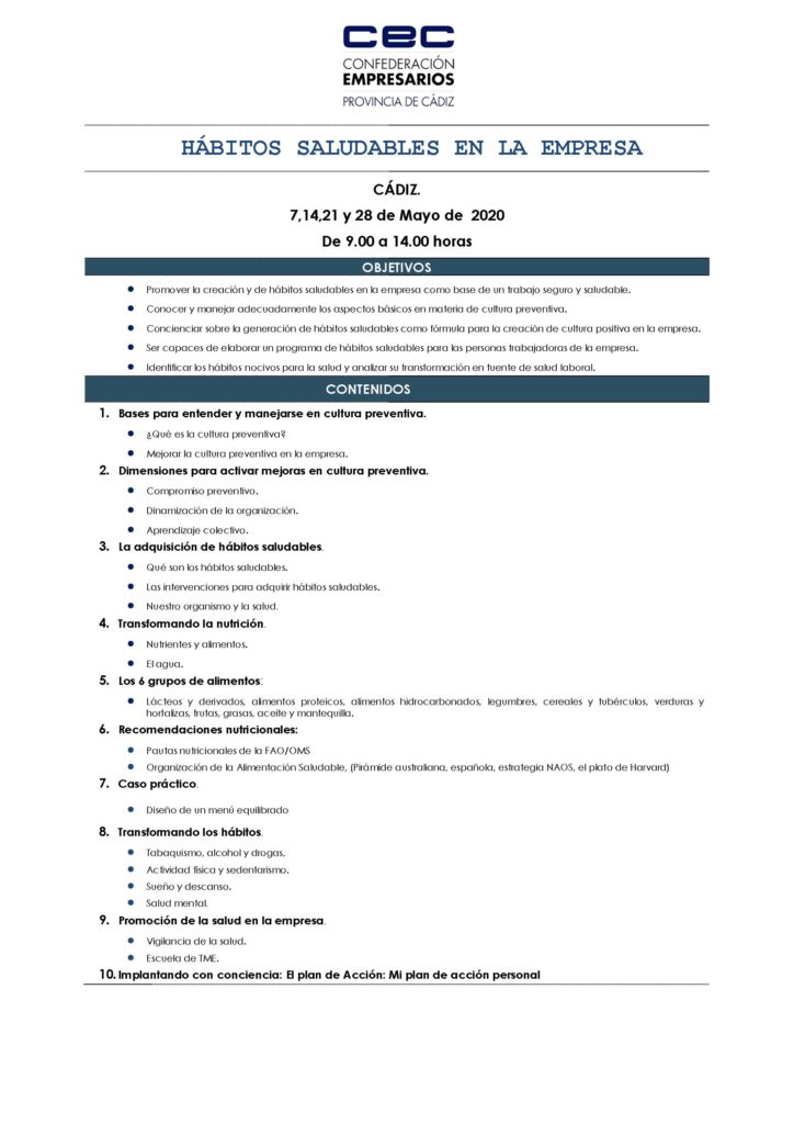 CURSO: HÁBITOS SALUDABLES EN LA EMPRESA